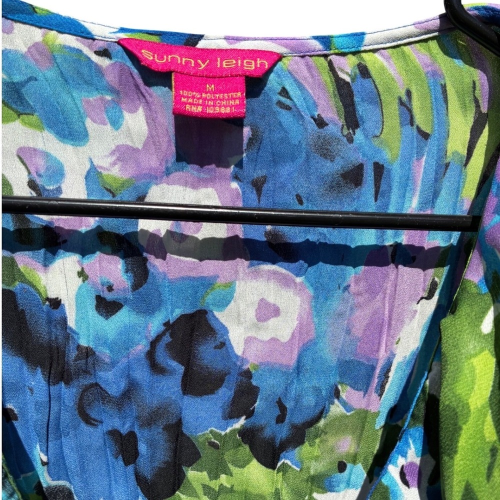 Sunny Leigh M Blue Green Floral Ruffle‎ Blouse Sheer Long Sleeve Statement Top - Picture 2 of 6